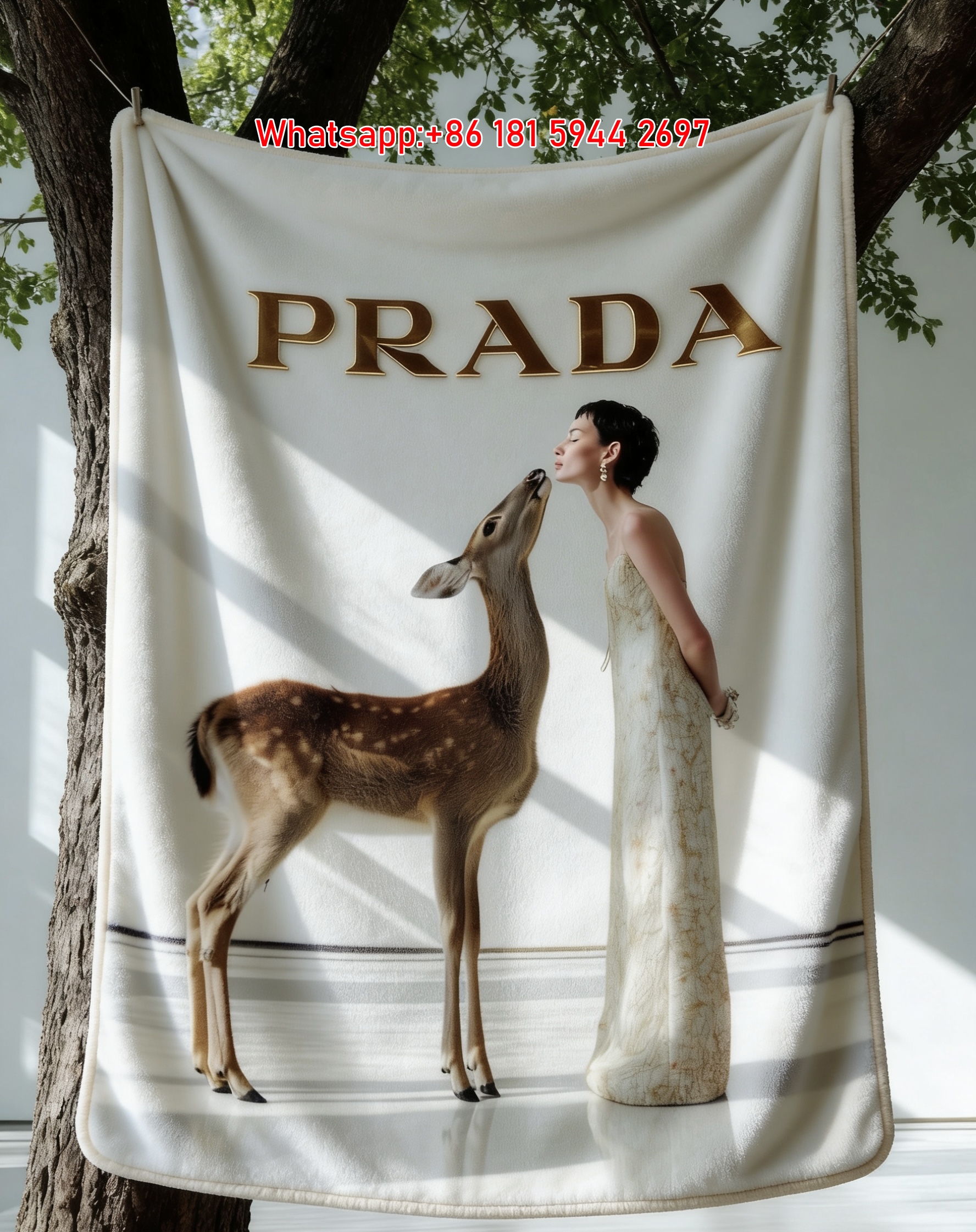 Prada Cream White Brown Deer Print Flannel Throw Blanket Luxury Designer Sofa Cover Blanket IMG_2848